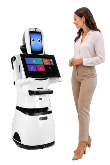 Robô recepcionista com tela digital prestando atendimento na recepção