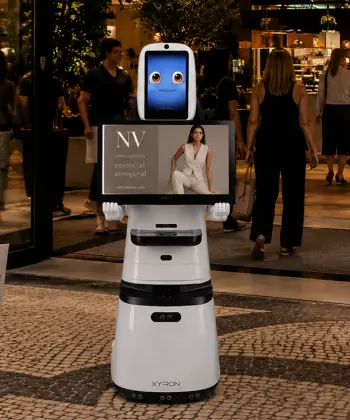 Robô de recepção em evento corporativo